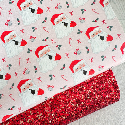 Red Santa With Bows On Pale Pink Glitter Duo