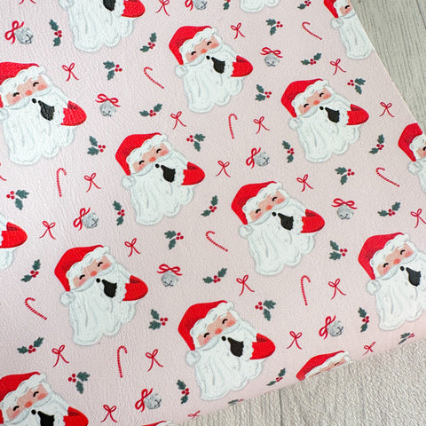 Red Santa With Bows On Pale Pink Leatherette